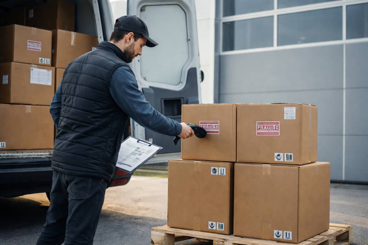 Repartidor preparando paquetes para envío