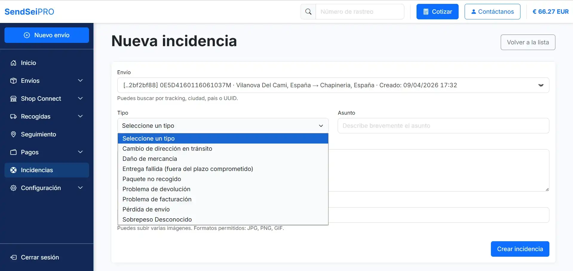 Imagen de la creación de incidencias con SendSeiPro