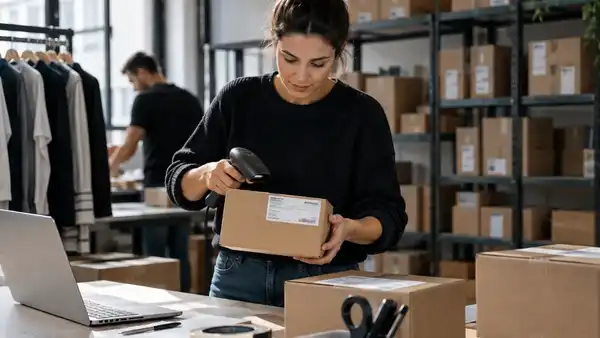 Imagen de una operaria preparando y escaneando pedidos en un almacén organizado, representando la gestión y escalabilidad logística de un ecommerce.
