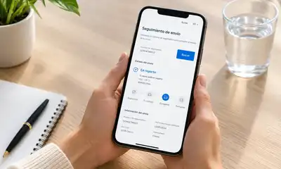 Persona consultando el número de seguimiento de un paquete desde su teléfono móvil para conocer el estado de su envío.