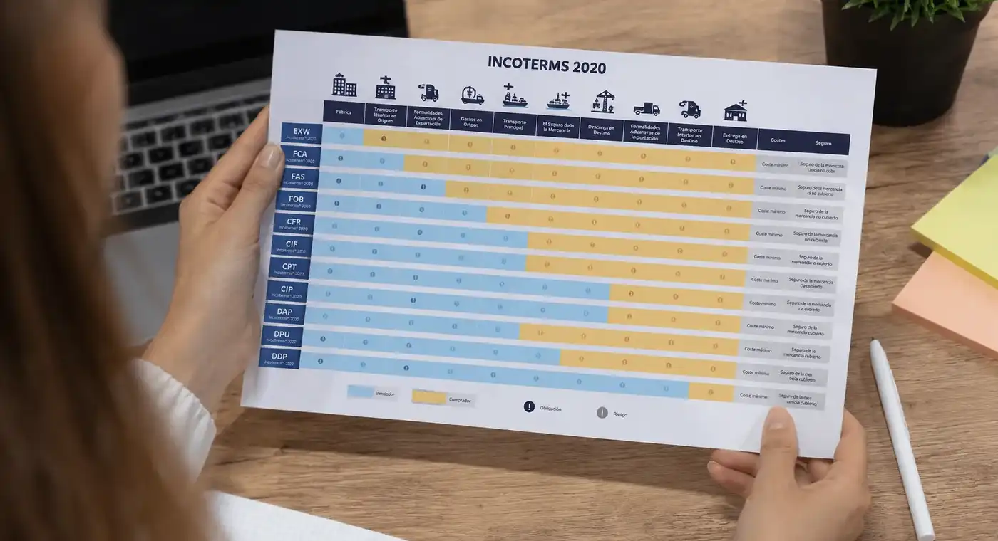 Persona revisando un documento con los Incoterms durante la planificación de una operación de importación y exportación, con un ordenador portátil sobre una mesa de trabajo.
