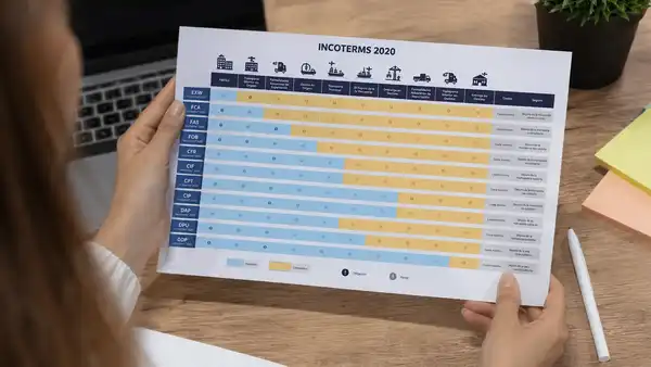 Persona revisando un documento con los Incoterms durante la planificación de una operación de importación y exportación, con un ordenador portátil sobre una mesa de trabajo.