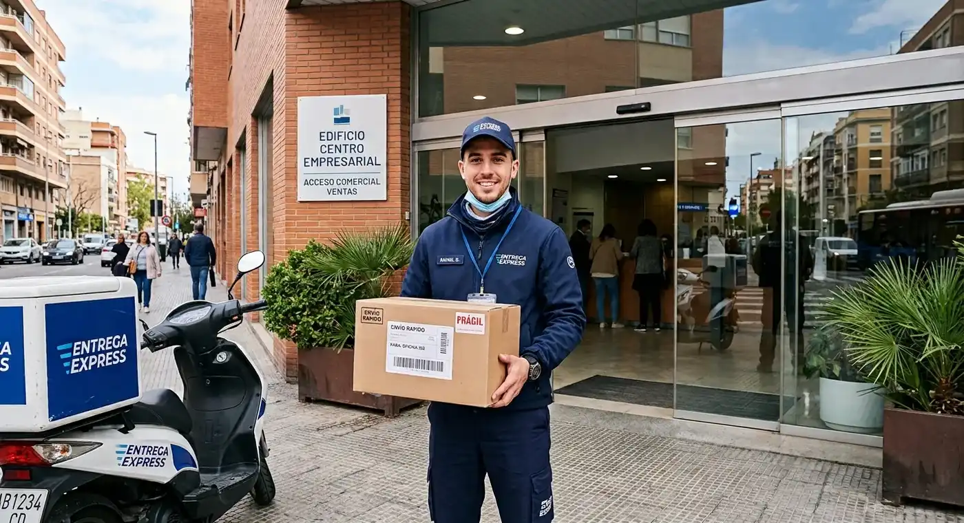 Repartidor entregando un paquete a un negocio.