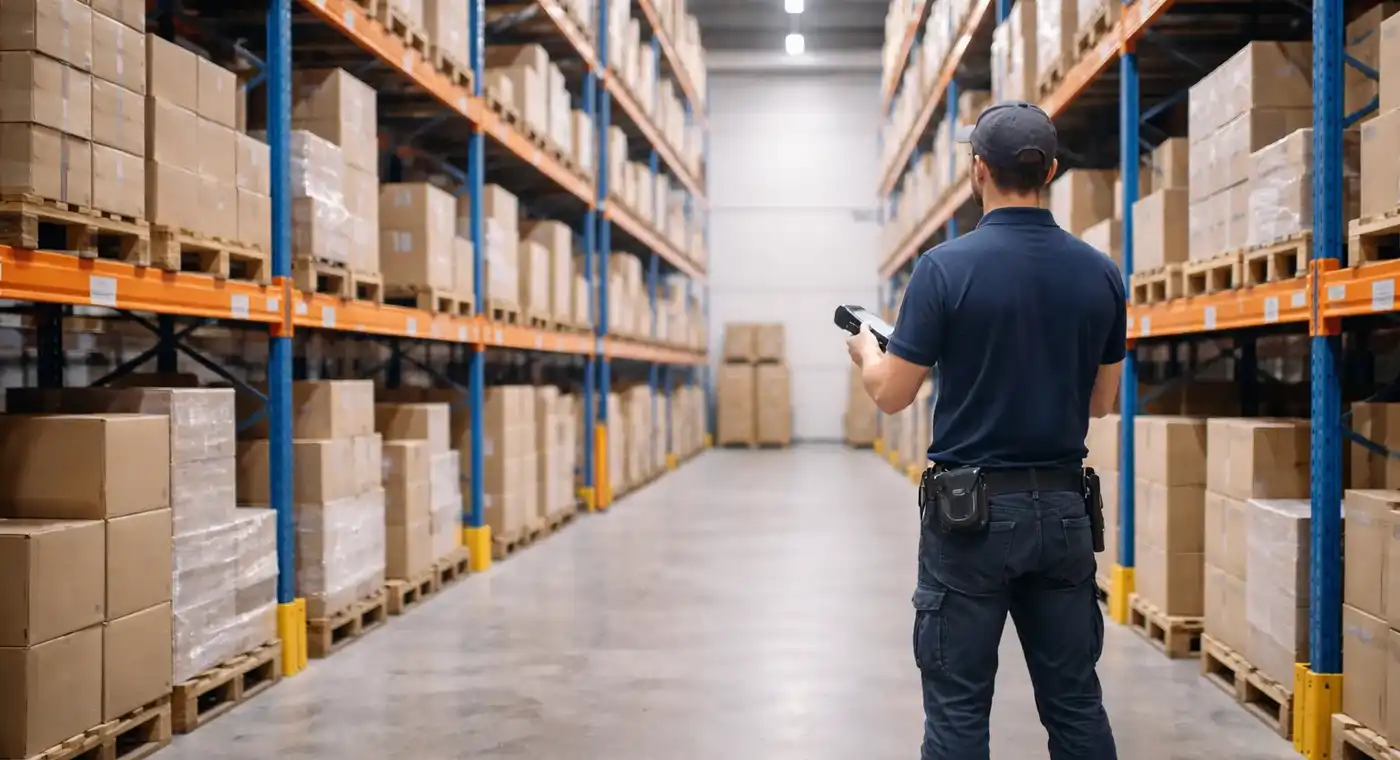 Imagen de un almacén logístico moderno con estanterías altas, pallets y cajas