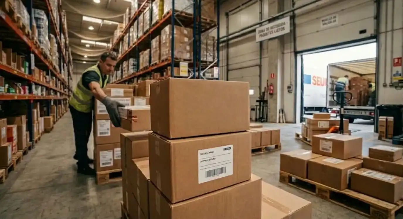 Paquetes etiquetados preparados para su recogida en un almacén de ecommerce