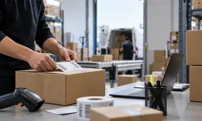 Operario preparando un paquete en un almacén logístico, con etiquetado, escáner y herramientas de gestión para controlar el proceso de envío.