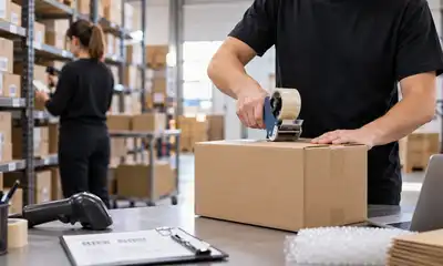 Operario preparando y embalando un pedido en un almacén logístico organizado.