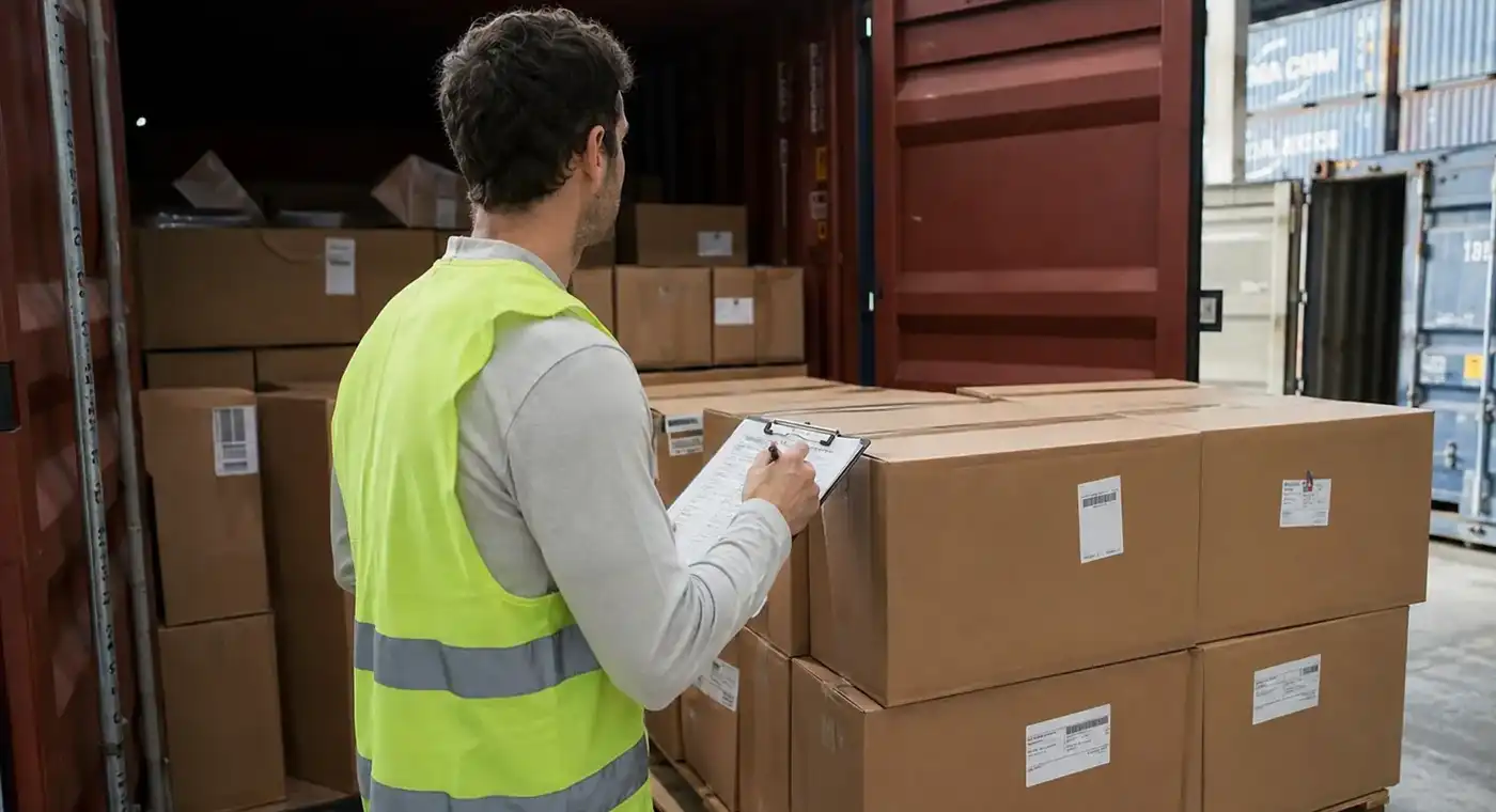 Trabajador supervisando la carga de mercancía en un contenedor para garantizar una exportación internacional segura, eficiente y con menos incidencias logísticas.