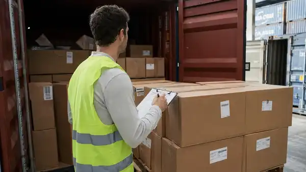 Trabajador supervisando la carga de mercancía en un contenedor para garantizar una exportación internacional segura, eficiente y con menos incidencias logísticas.