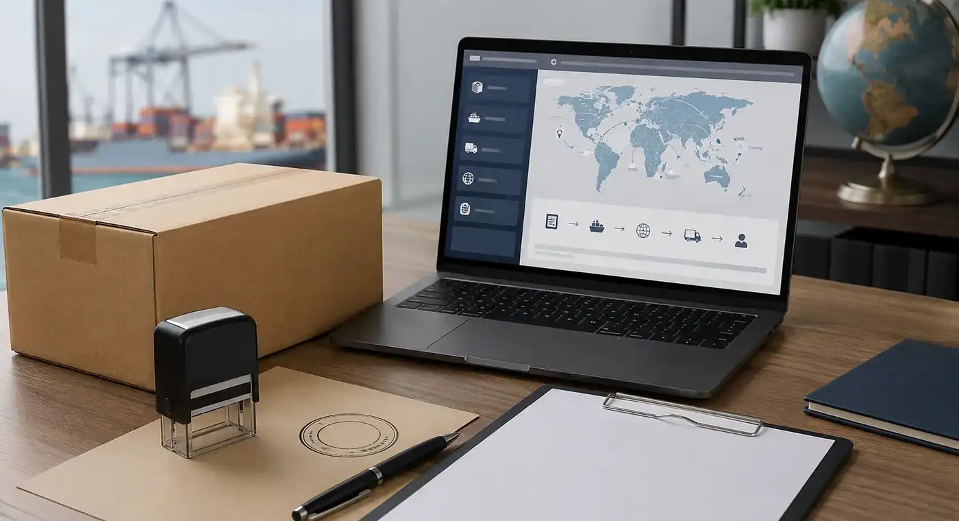 Escritorio corporativo con una caja de cartón y una laptop con interfaz de envío internacional