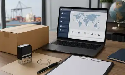 Escritorio corporativo con una caja de cartón y una laptop con interfaz de envío internacional