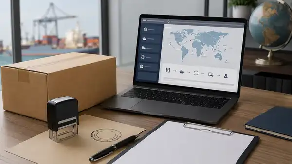 Escritorio corporativo con una caja de cartón y una laptop con interfaz de envío internacional