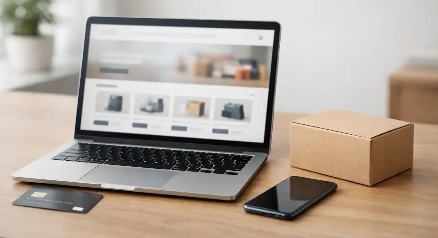 Escena realista de ecommerce con laptop y paquete, representando un reembolso sin marcas.