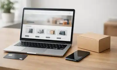 Escena realista de ecommerce con laptop y paquete, representando un reembolso sin marcas.
