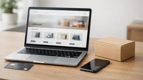 Escena realista de ecommerce con laptop y paquete, representando un reembolso sin marcas.
