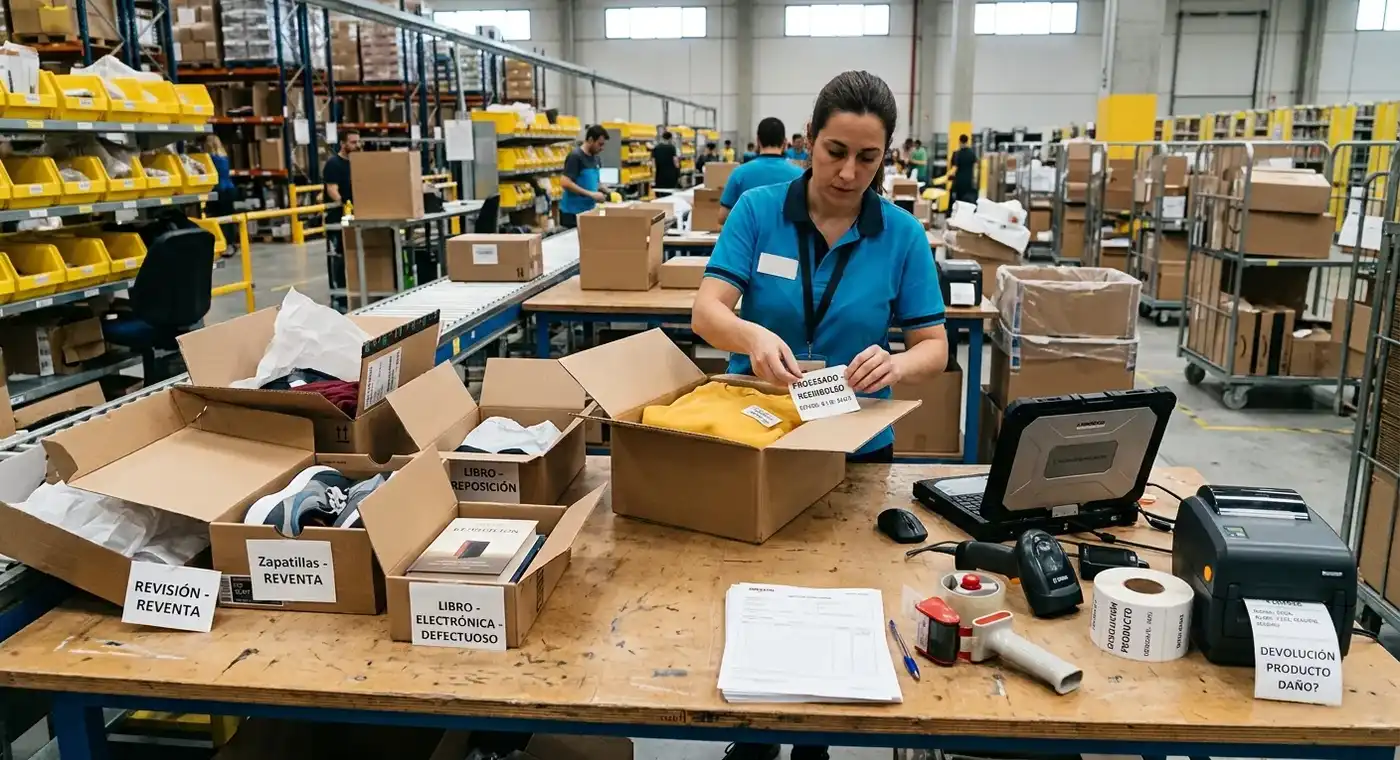 Revisión de productos devueltos en una mesa de almacén