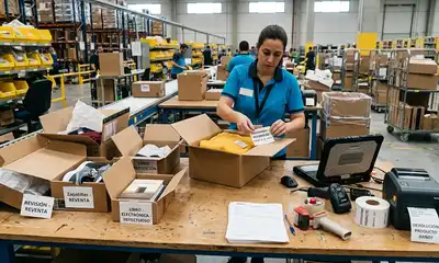 Revisión de productos devueltos en una mesa de almacén