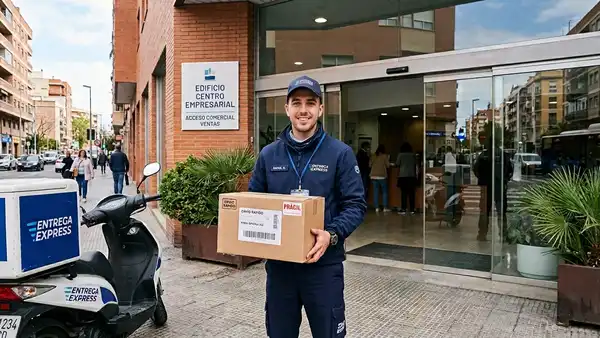 Repartidor entregando un paquete a un negocio.