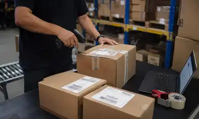 Operarios gestionando paquetes en un almacén logístico para optimizar costes y mejorar la eficiencia de los envíos nacionales e internacionales.