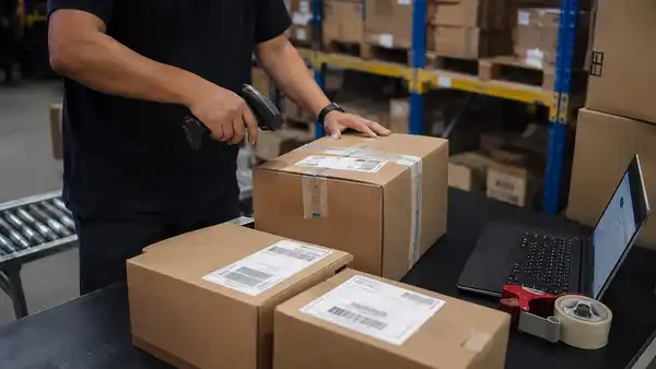 Operarios gestionando paquetes en un almacén logístico para optimizar costes y mejorar la eficiencia de los envíos nacionales e internacionales.