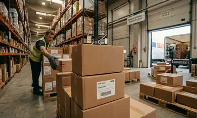 Paquetes etiquetados preparados para su recogida en un almacén de ecommerce