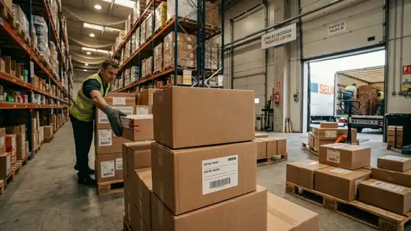 Paquetes etiquetados preparados para su recogida en un almacén de ecommerce