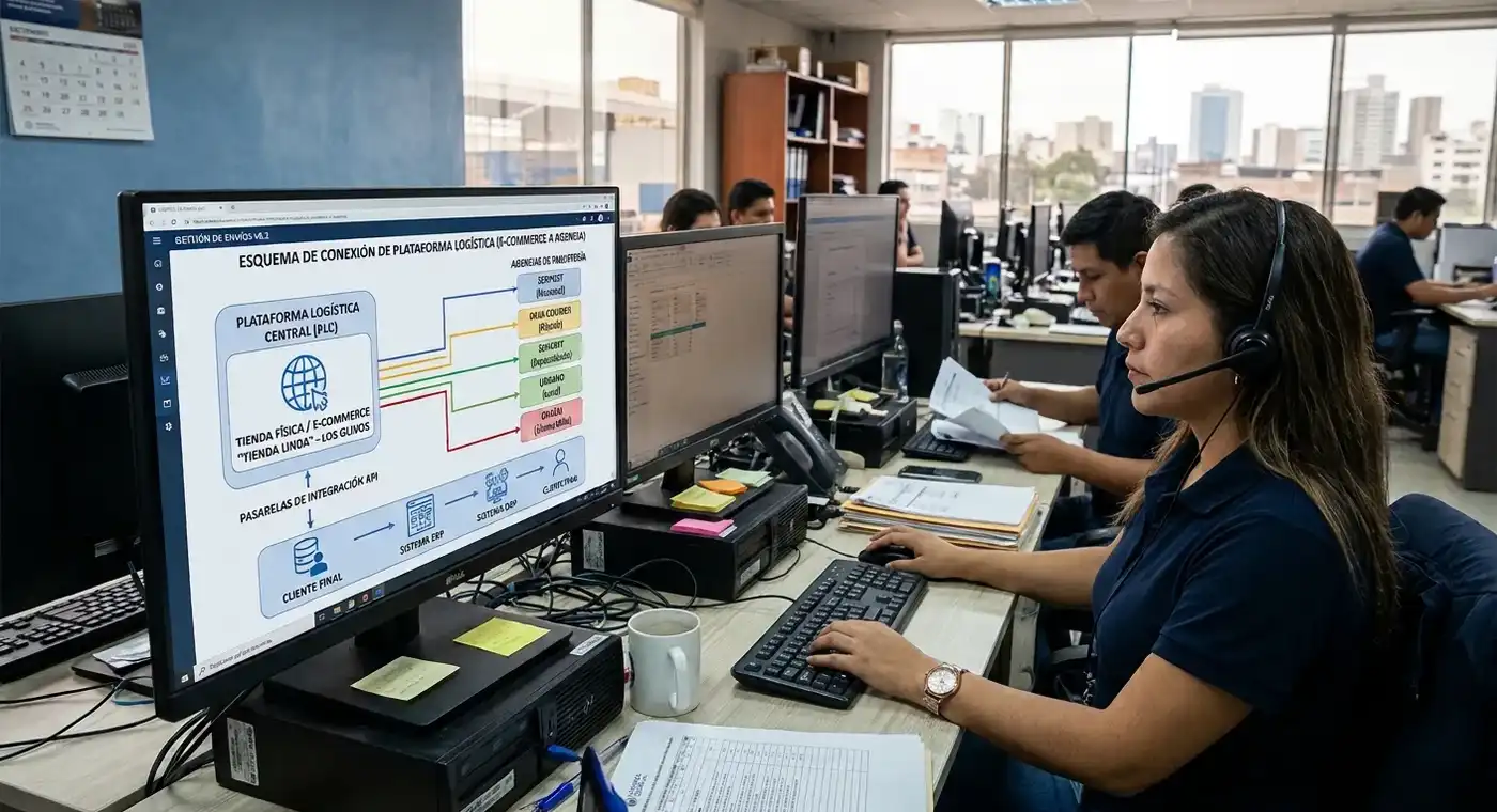 Esquema de una plataforma logística conectando una tienda con varias agencias de paquetería