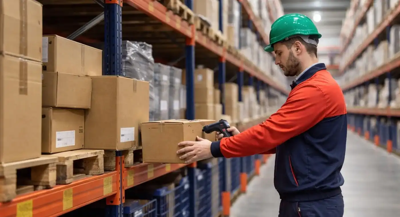 Persona gestionando pedidos en un almacén