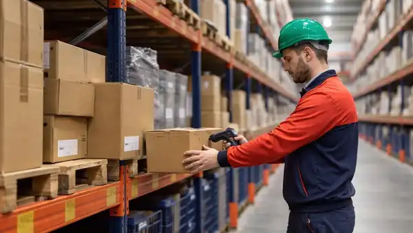 Persona gestionando pedidos en un almacén