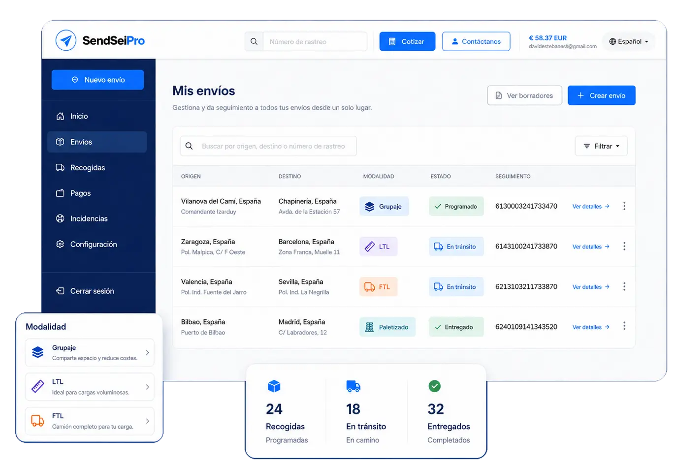 Panel de SendSeiPro para gestionar y seguir envíos de carga pesada